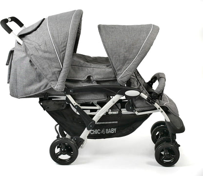 CHIC 4 BABY - Duo broers en zussen met draagtas en regenbescherming, broers en zussen kinderwagen voor twee kinderen, tweelingwagen, twinningsbuggy, tandembuggy, kinderwagen, jeans grijs