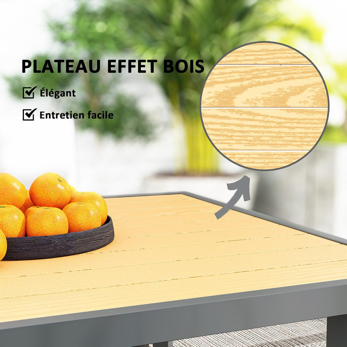 Outsunny Dining Table for 6 People, Garden Table with Rectangular Tabletop in Wood Look, Stainless Steel, for Patio, 150 x 90 x 72 cm, Natural Wood
