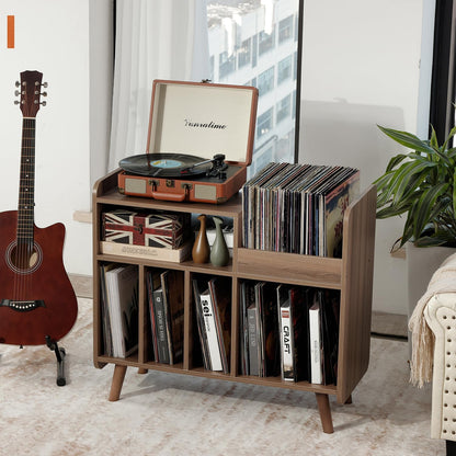 Record Player Stand, Large Turntable Cabinet with Open Vinyl Storage and Display Shelf for Up to 350 Albums, Mid-Century Wooden Turntable for Living Room, Bedroom