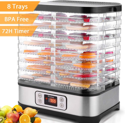 Nictemaw Fruitdroogautomaat, roestvrij staal, met 8 vakken, dehydrator met temperatuurregelaar, 400 W, 35-70 °C, 72-uurs timer voor groenten, fruit en vlees, zilver