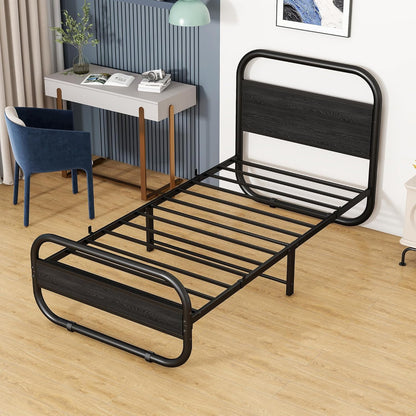 HOMERECOMMEND Eenpersoonsbedframe met hoofdeinde, zwart eenpersoonsbed 90x190 cm met opbergruimte onder het bed, stalen latten matrasstichting ronde pijpontwerp, zwart