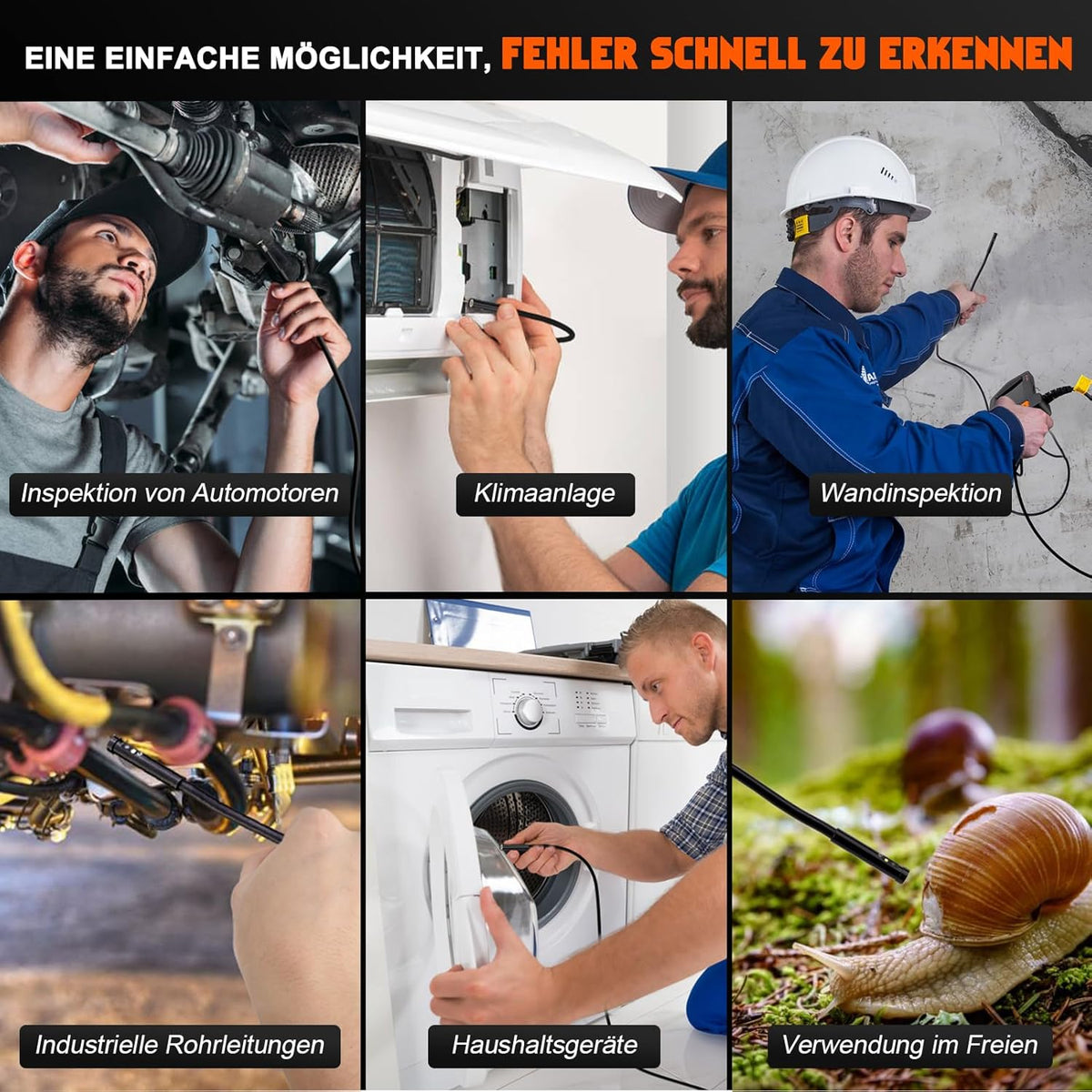 Endoscoopcamera met drie lenzen, 15 m, 5 inch IPS-scherm, 8 mm slangencamera, HD 1080p digitale inspectiecamera, IP67 waterdicht, buiscamera met vette kabel, 32 GB