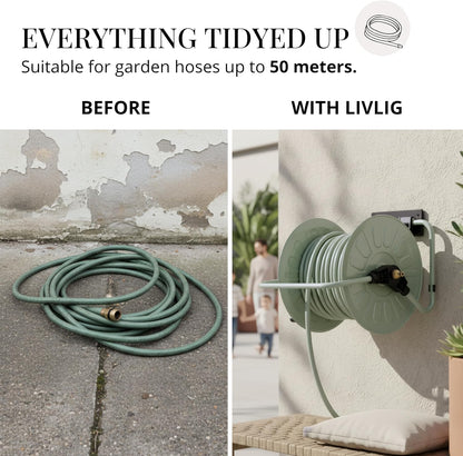 LIVLIG Slanghaspel, metalen slanghaspel tot 50 meter, 1/2 inch tuinslang, slanghouder voor wandmontage, groen