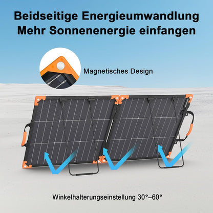 Bifaciaal draagbaar zonnepaneel van 100 W, voor krachtcentrales, 20 V, opvouwbare zonne-oplader met IP68-waterdichtheid, 23,5% hoog rendement met 2 versterkte steunen, voor kamperen en campers