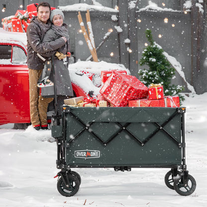 Overmont Opvouwbare festivaltrolley - 150 kg capaciteit opvouwbare wagen voor camping strand tuin picknick winkelen, zware kar met verstelbare handgreep en all-terrain wielen en rem, grijs