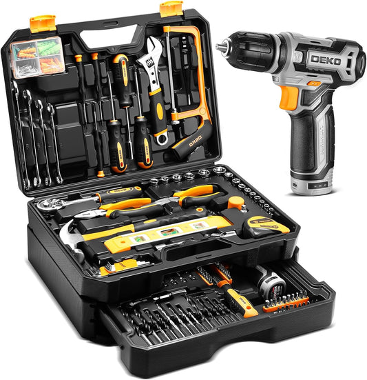 Tool Kit Box Boor Set: DEKO Home Mechanic Toolbox met 12V Power Draadloze Boor Hand Reparatie Gereedschap Sets Combo Kits Opslag Organizer Lade Case voor Mannen