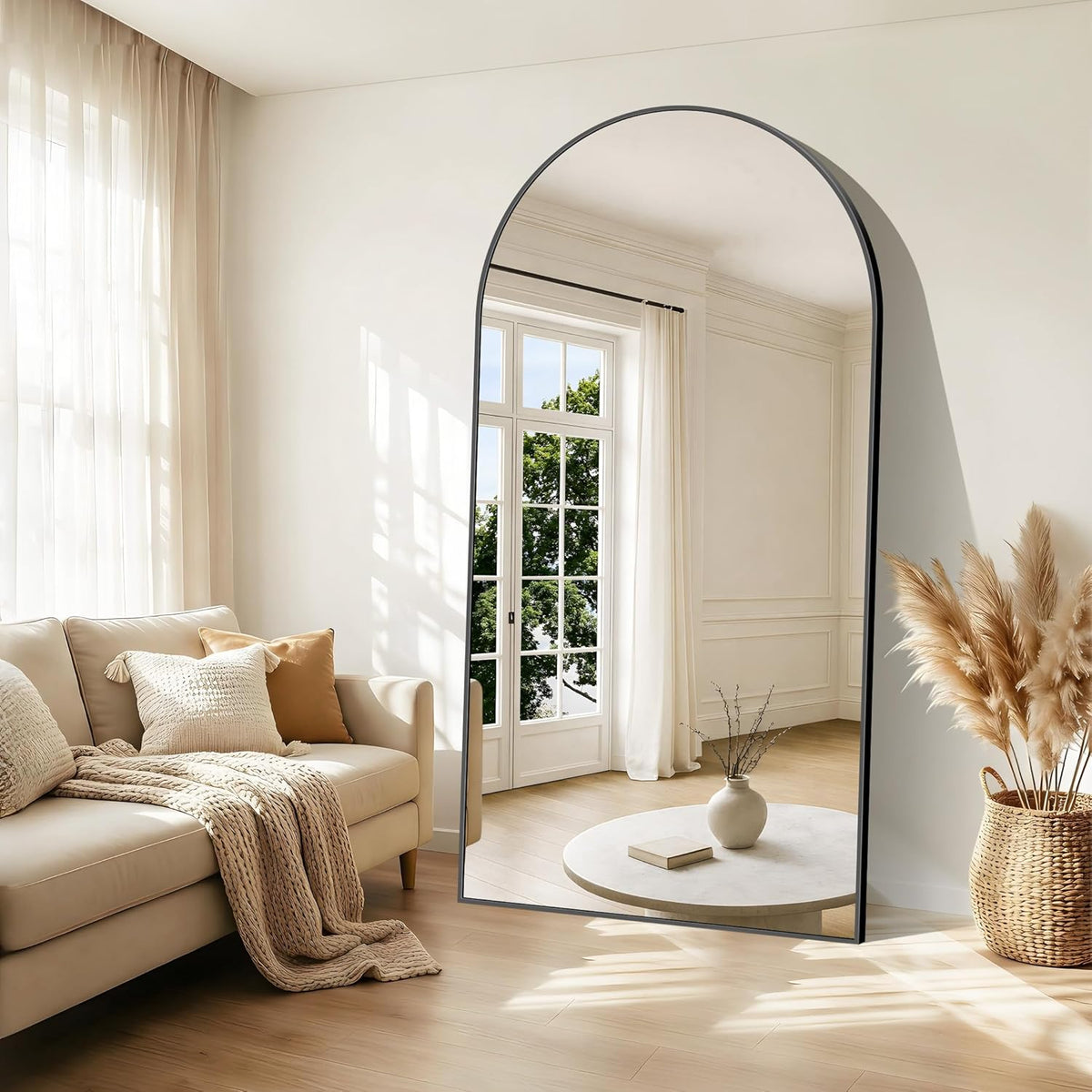 Boog full-body-spiegel, 203 x 103 cm, staande spiegel met zwart aluminium frame, grote wandspiegel, vloerspiegel voor slaapkamer, entree, hal, woondecoratie