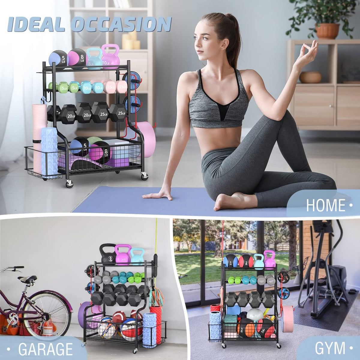 Mythinglogic Halterstandaard, multifunctioneel halterrek voor halters, yogamat, fasciarol, kettlebell en yogablok, gepoedercoat staal, met haken en wieltjes