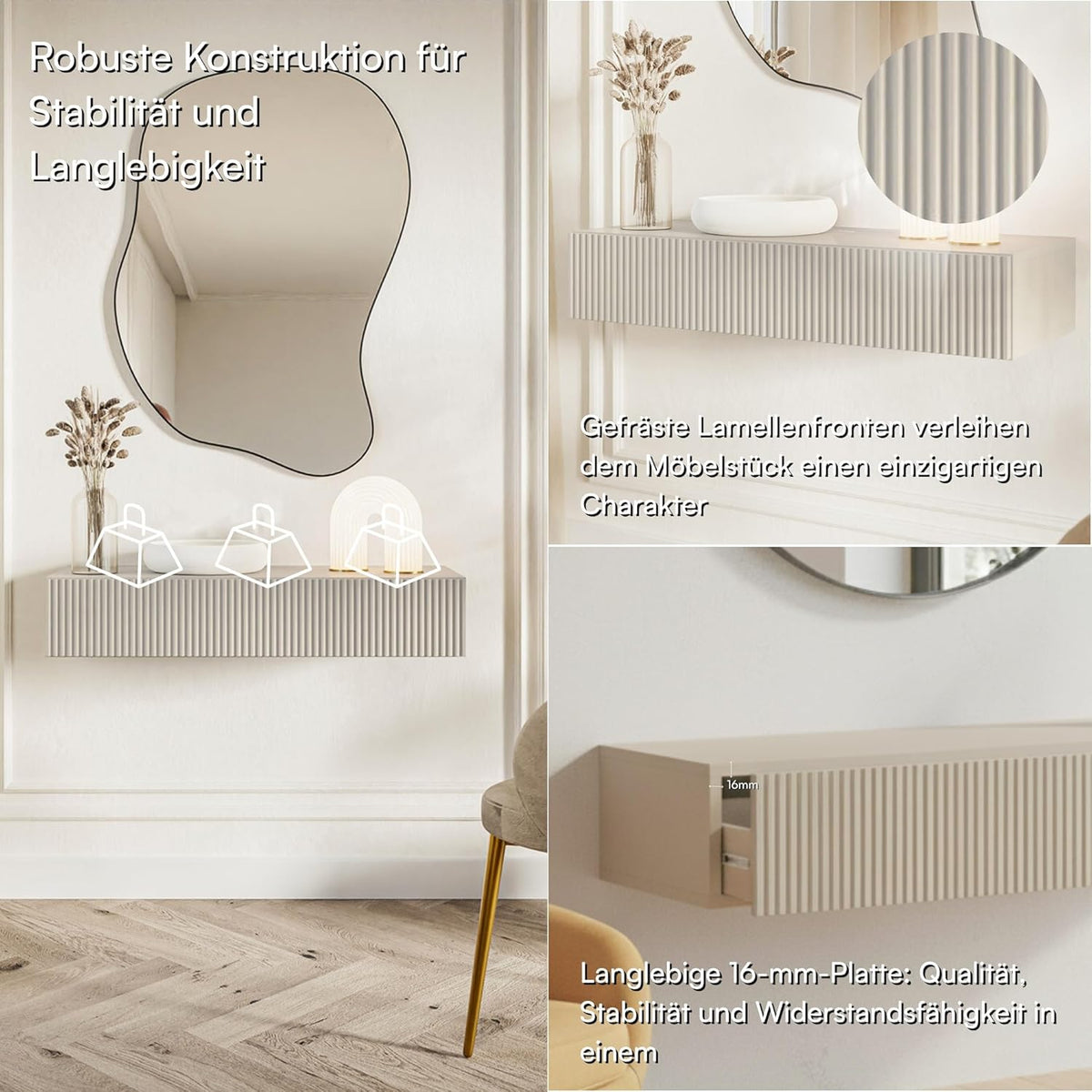 Selsey Zwevende Consoletafel 90 cm grijs taupe met lade en lamellenfront, moderne wandconsole met push-to-open, smalle sidetable hal slaapkamer woonkamer, console table met opbergruimte