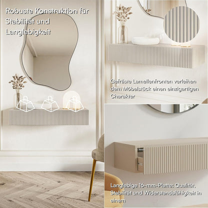 Selsey Zwevende Consoletafel 90 cm grijs taupe met lade en lamellenfront, moderne wandconsole met push-to-open, smalle sidetable hal slaapkamer woonkamer, console table met opbergruimte
