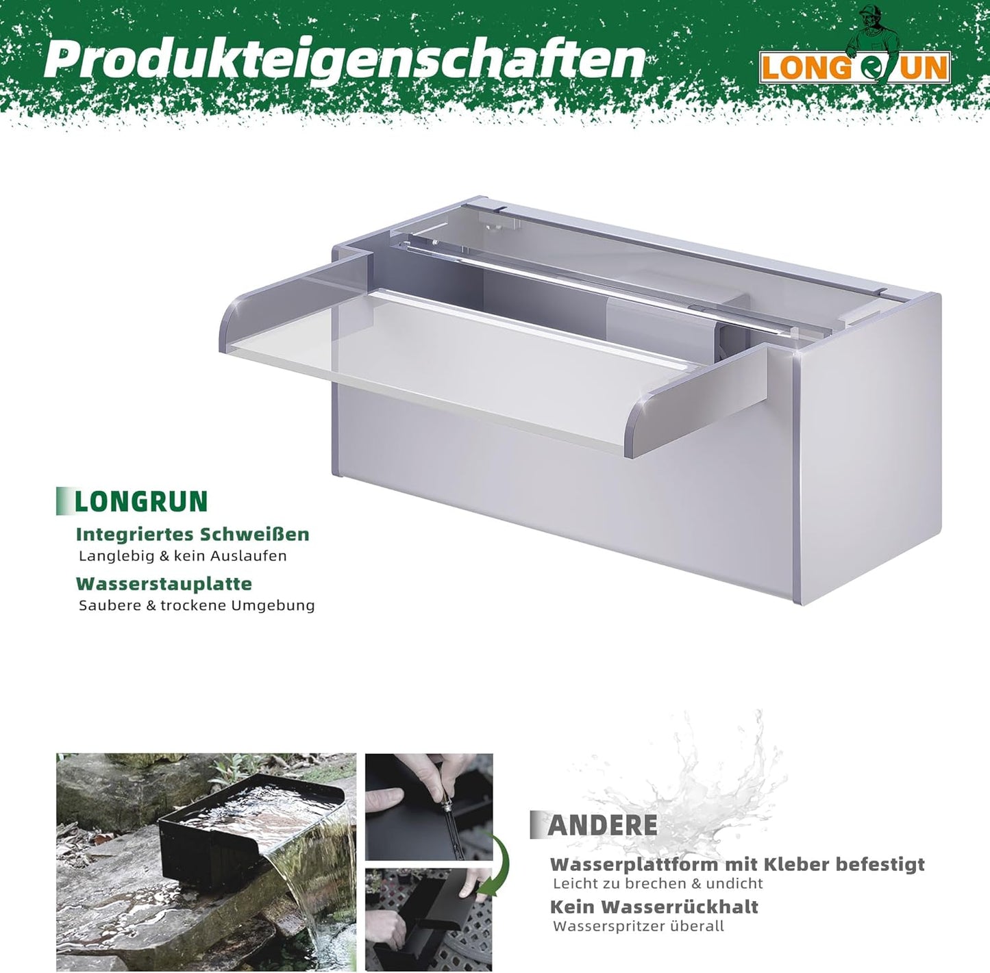 LONGRUN 30 cm vijver waterval, acryl zwembadwaterval met waterpomp, 7 kleuren Bluetooth LED tuinfontein