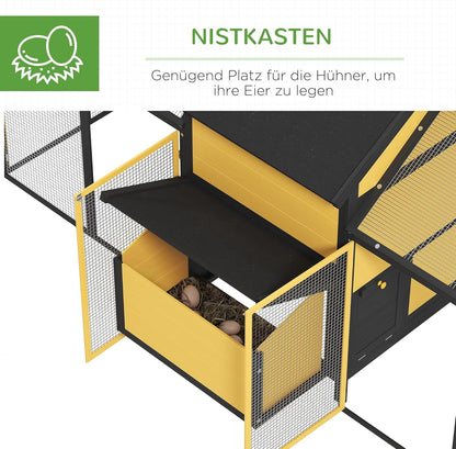 PawHut Hühnerstall aus Holz Hühnerhaus mit Nistkasten Geflügelstall mit Rampe, Gehege für Hühner Doppel-Laufstall mit Tablett, Gelb, 247 x 125 x 113.5 cm - QUORE