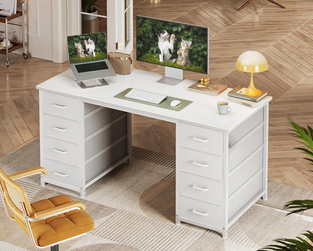 Coleshome Bureau met 8 Stoffen Laden, 120 x 48 cm, Wit Bureau met Opbergruimte, Computerbureau, Kantoortafel, Kantoortafel voor Kantoor, Woonkamer, Thuiskantoor