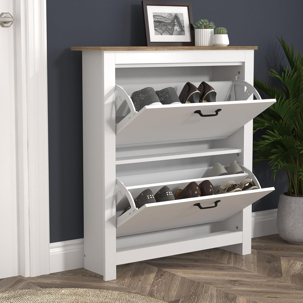 Galano Laverton 2-laags flip-down schoenenkast, slanke moderne schoenopbergkast voor hal, slaapkamer of woonkamer (wit/eiken)