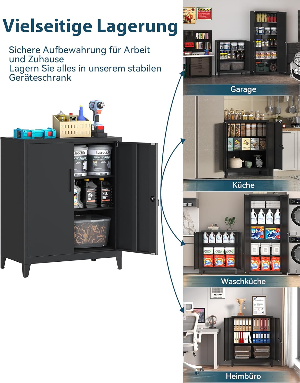 Dossierkast, afsluitbare garagekast, 2-laags kantoorkast, werkplaatskast met verstelbare planken, voor kantoor, garage en huishoudkamer, 40 x 80 x 100 cm, Zwart