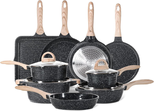 28-delige Pannenset – Koekenpan – Steelpan – Grillpan – Ovenschotel – Inductiegeschikt – Afneembare Handgrepen – Ruimtebesparend Design