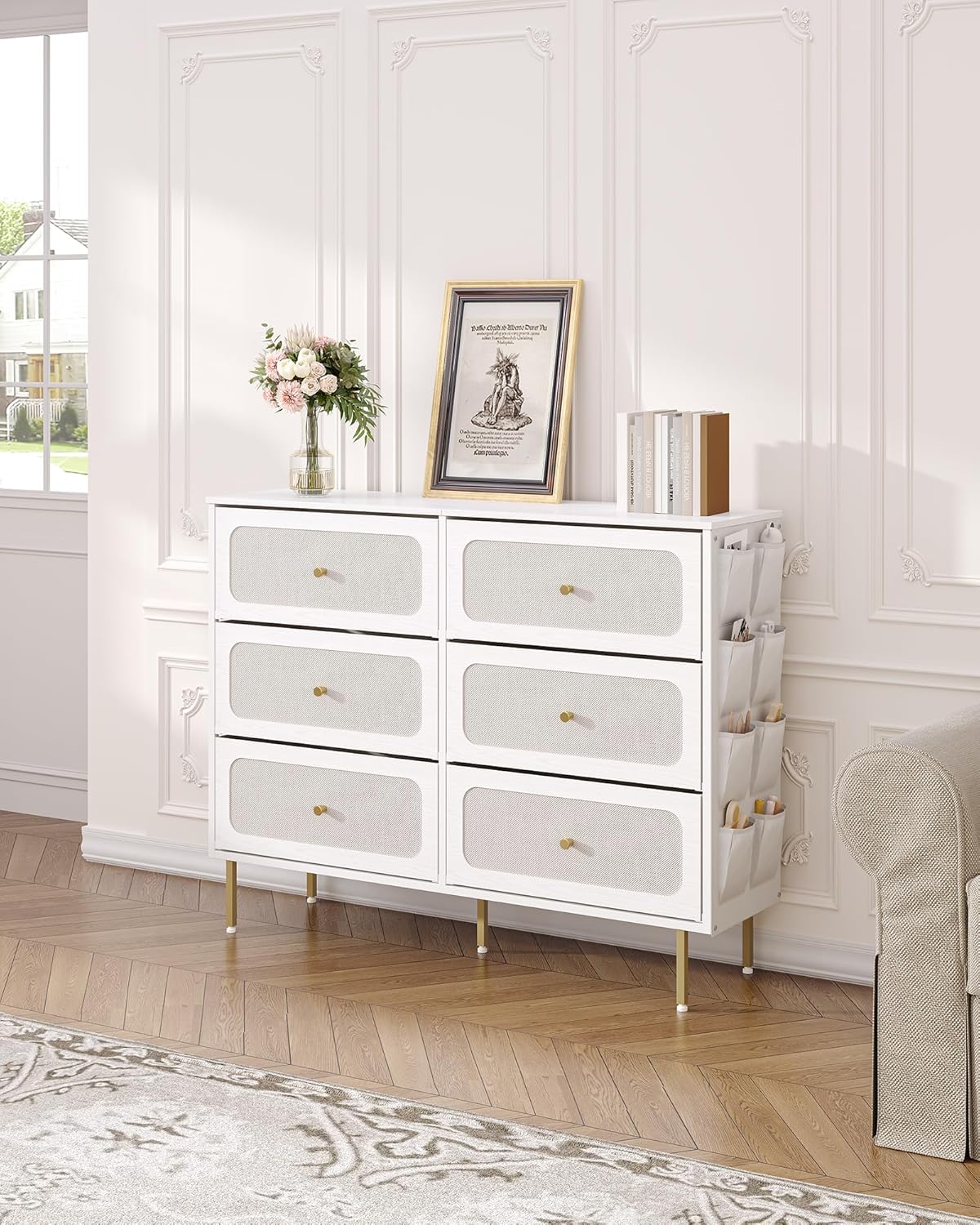 Hzuaneri Chest of Drawers 110 cm, Cabinet with 6 Fabric Drawers, Multifunctional Dresser with Fabric Bag, Metal Frame, 30 x 110 x 85 cm, for Living Room and Bedroom, Modern, White Gold DU25813AW