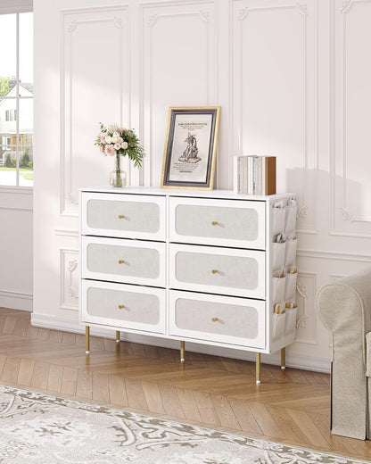 Hzuaneri Chest of Drawers 110 cm, Cabinet with 6 Fabric Drawers, Multifunctional Dresser with Fabric Bag, Metal Frame, 30 x 110 x 85 cm, for Living Room and Bedroom, Modern, White Gold DU25813AW