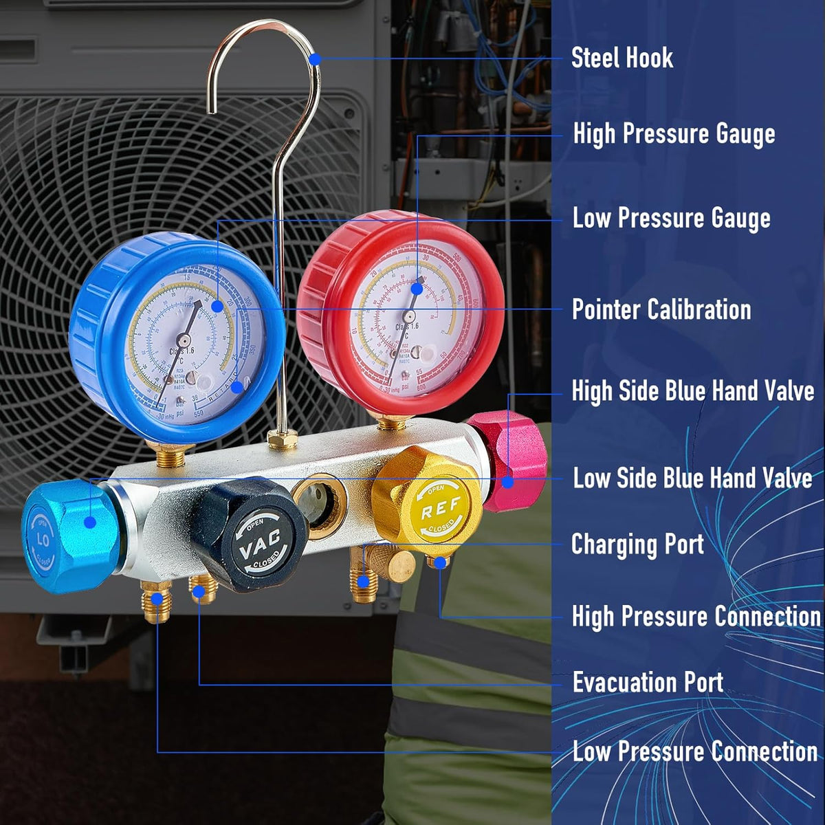 BACOENG 4.5 CFM Vacuum Pump, Air Conditioning Kit for HVAC/Car AC Refrigerant Charging, 4 Way Air Conditioning Filling, Manifold Gauge Set, Ideal for R134A R410A - QUORE