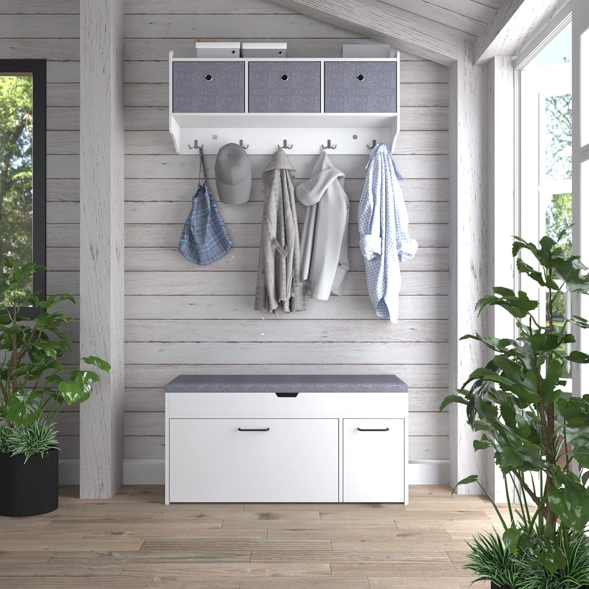 Meerveil Shoe Bench with Seat, Shoe Bench with Storage Space and Folding Drawer, Wooden Industrial Style for Hallway, 100 x 52 x 30 cm (W x H x D), White - QUORE