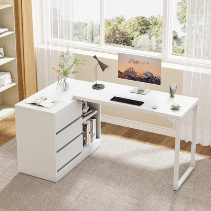 Tribesigns Desk, L Shaped Computer Table with Drawers and Shelves, Reversible White Corner Desk with Storage Cabinet, Modern Work Table for Home Office, Bedroom