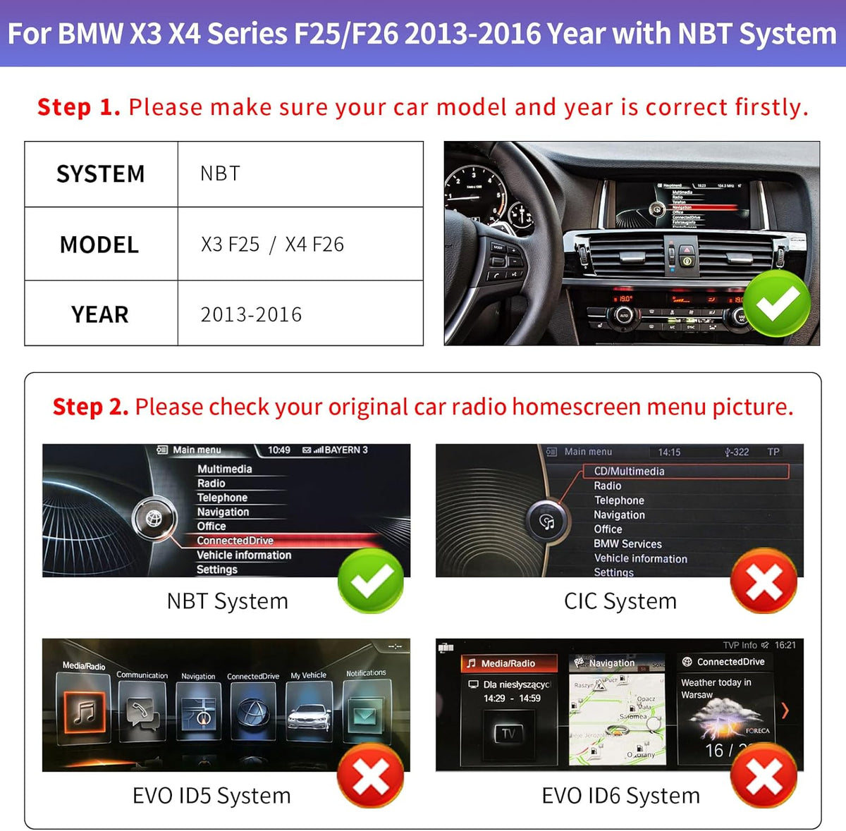 Road Top 10.25 Inch Car Radio Touch Screen Wireless CarPlay Android Car for BMW X3 X4 Series F25/F26 2013-2016 Year with NBT System,Car Stereo Multimedia Radio Receiver - QUORE