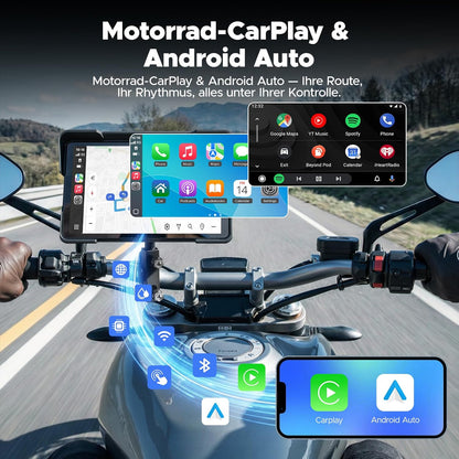Draadloos CarPlay Motor Scherm – Motorfiets Display – Navigatie Scherm – Touchscreen GPS – Android Auto Interface – 7 Inch IPS HD Touchscreen – IP67 Waterdicht & Robuust