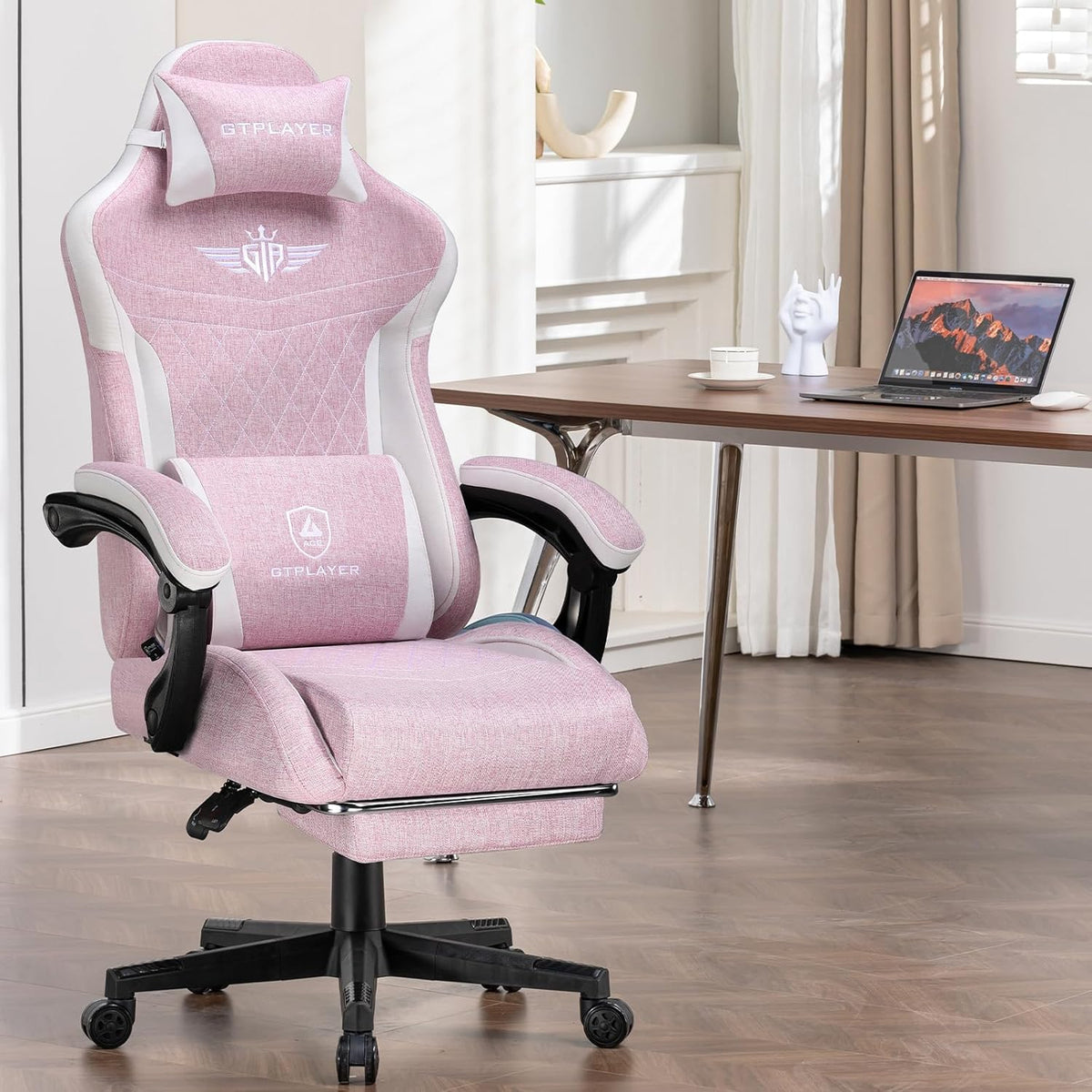 GTPLAYER Ergonomic Linen Gaming Chair with Lumbar Support, Computer Chair with Extended Backrest, Supports up to 150 kg, Pink - QUORE