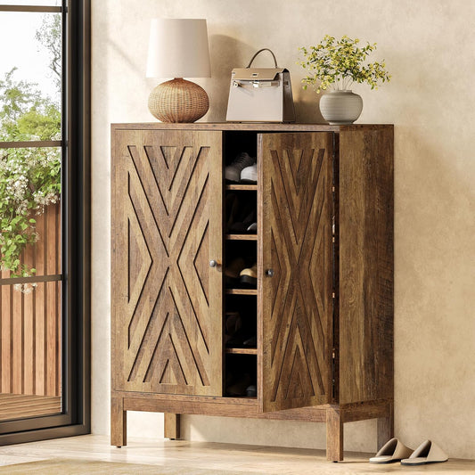 Tribesigns Shoe Cabinet with Adjustable Shelves, 5 Tier Freestanding Shoe Rack (110cm High), Country Storage Cabinet for Hallway, Corridor Living Room, Space Saving Shoe Rack, Brown