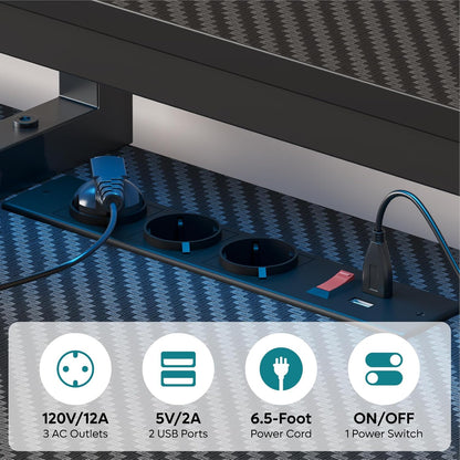 Bestier Gamingtafel, 181 cm, gamingbureau met ledverlichting, pc-tafel, gaming met 3 AC-stopcontacten en 2 USB-oplaadaansluitingen, computertafel met royale monitorplank