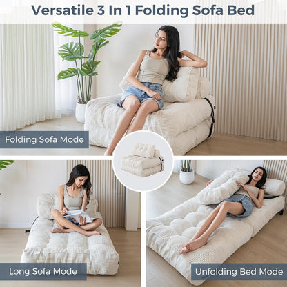 MAXYOYO Folding Sofa Bed, Convertible Sleeping Chair with Pillow, Mattress with Back Support, Portable Chair Bed, Comfortable Floor Sofa Lounge for Living Room, Bedroom, Beige