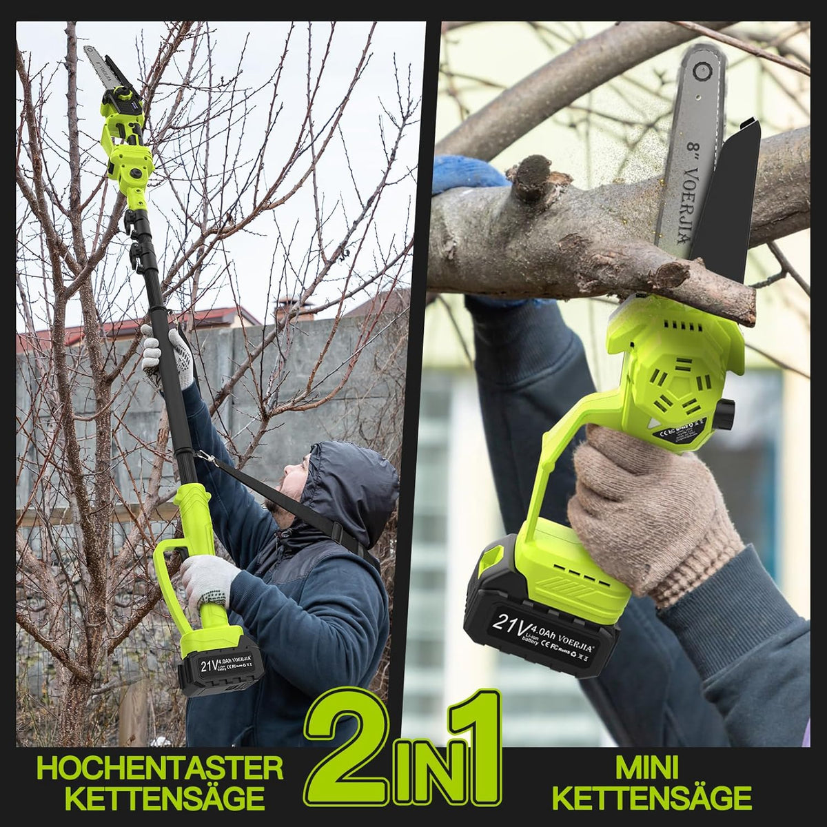 2-in-1 hoogsnoeier kettingzaag, 6"&8" mini heggenschaar, 6,73 voet telescoopsteel accu-hoogsnoeier, 2x4,0Ah accu, automatische olietoevoer, instelling zonder gereedschap, hoogsnoeier voor het trimmen