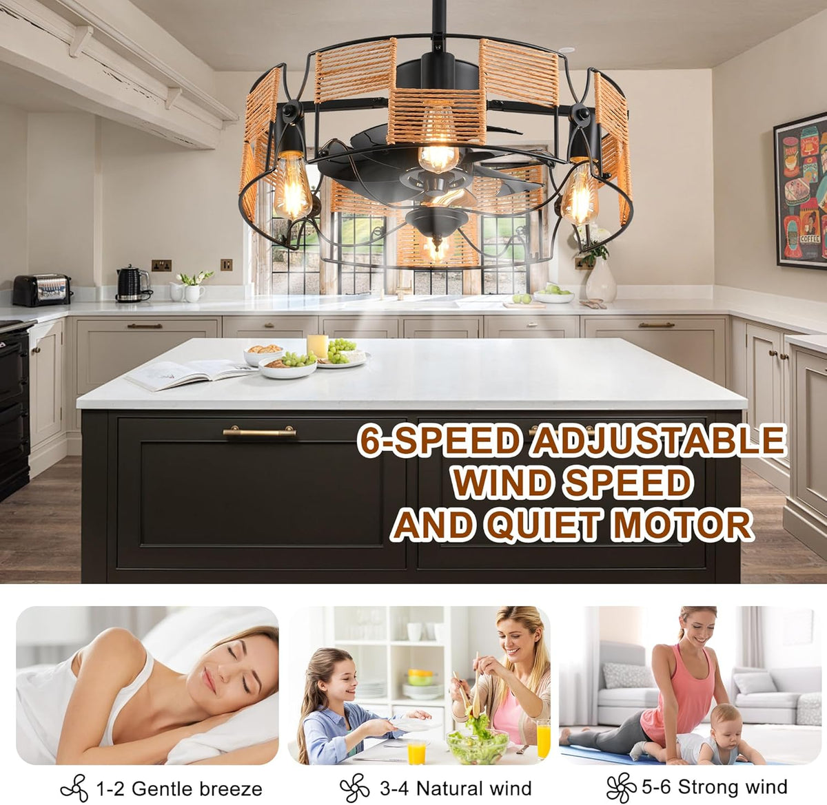 Ganeed Plafondventilatoren met Verlichting Industriële Stijl Boerderij 49cm Kroonluchters Boho Rotan Kooilamp Hangende Hanger E27 met Afstandsbediening Zwart 4 Lichten