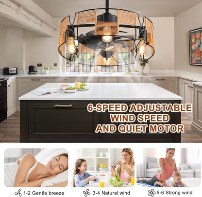 Ganeed Plafondventilatoren met Verlichting Industriële Stijl Boerderij 49cm Kroonluchters Boho Rotan Kooilamp Hangende Hanger E27 met Afstandsbediening Zwart 4 Lichten