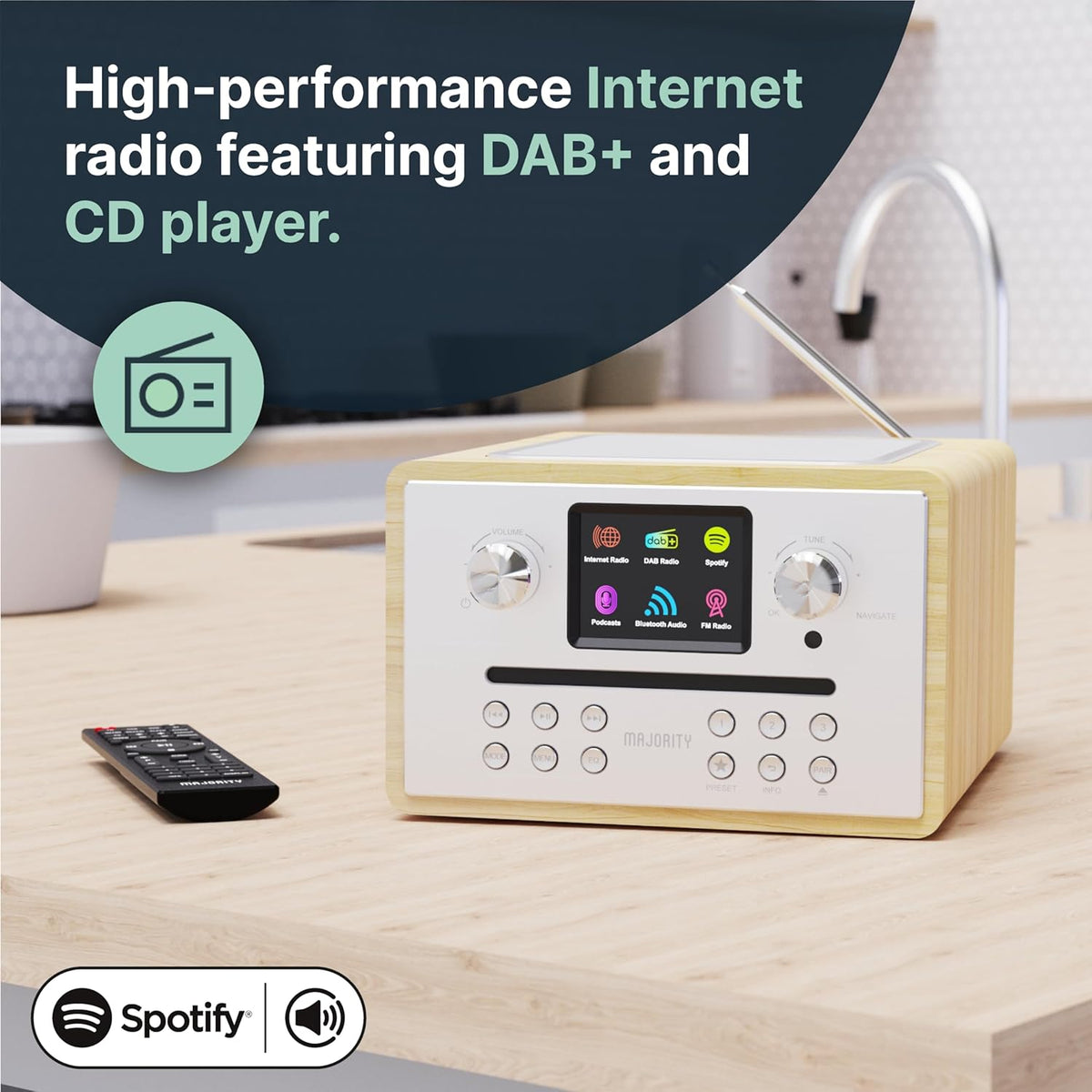 Majority Homerton Internetradio met CD-Speler & DAB+ | Bluetooth, Spotify Connect, FM-Radio, Podcasts | 90 Zenderpresets, Dubbel Alarm, EQ | Full Colour Display & Afstandsbediening | Eikenhout Design