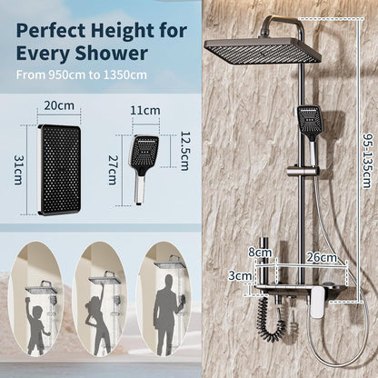 Douchesysteem – Douchepaneel – Regendouche – Handdouche – Bidetdouche – 4 Functies – Thermostatische Mengkraan – 31x20 cm Regendouchekop