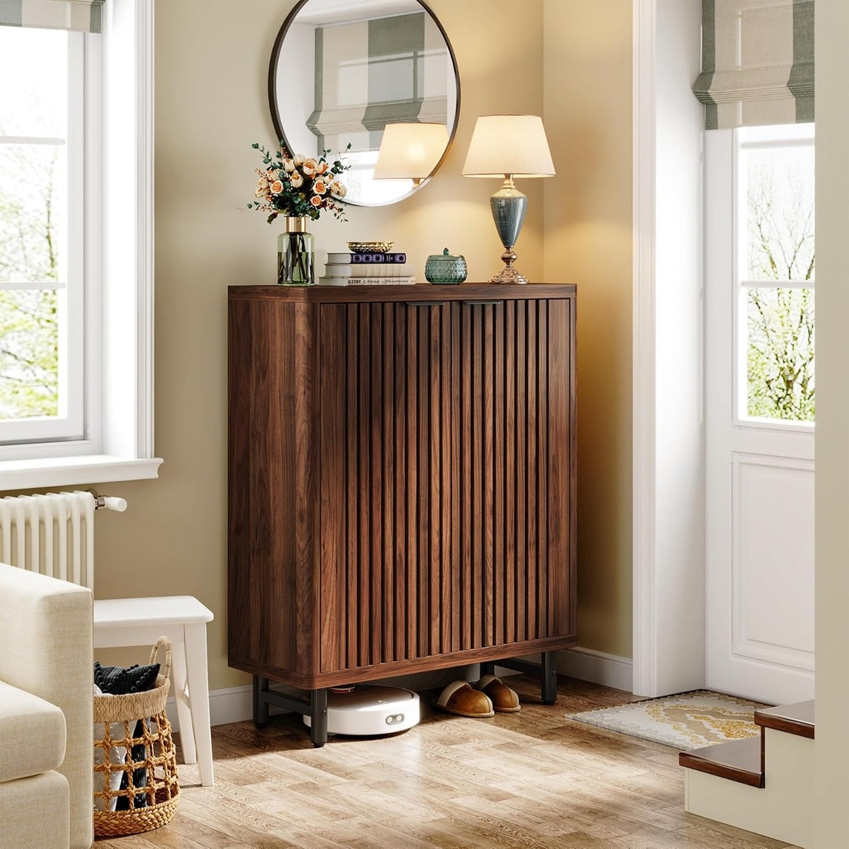 Tribesigns 6 Tier Shoe Cabinet with Canopy Doors, Large Wooden Shoe Storage Cabinet with Adjustable Shelves, Modern Freestanding Shoe Organizer Cabinet for Entrance, Hallway (Walnut)