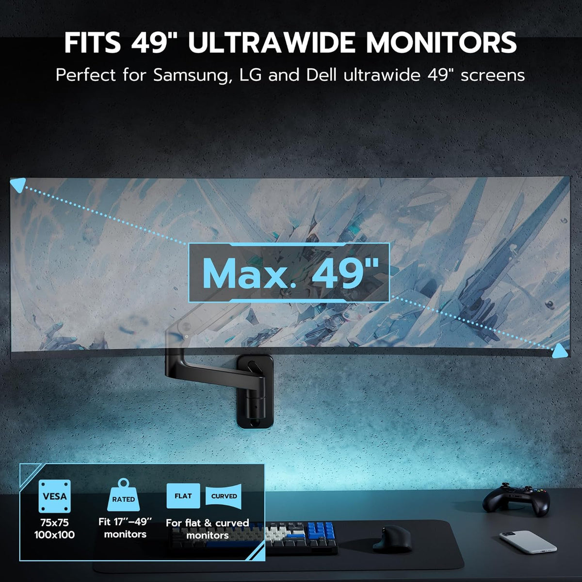 ARES WING Monitor muurbeugel voor 17-49 inch led/lcd-tv-scherm tot 20 kg, heavy duty monitorhouder, wand voor 1 beeldscherm, monitorarm, muurbevestiging met in hoogte verstelbaar, VESA 75/100, zwart