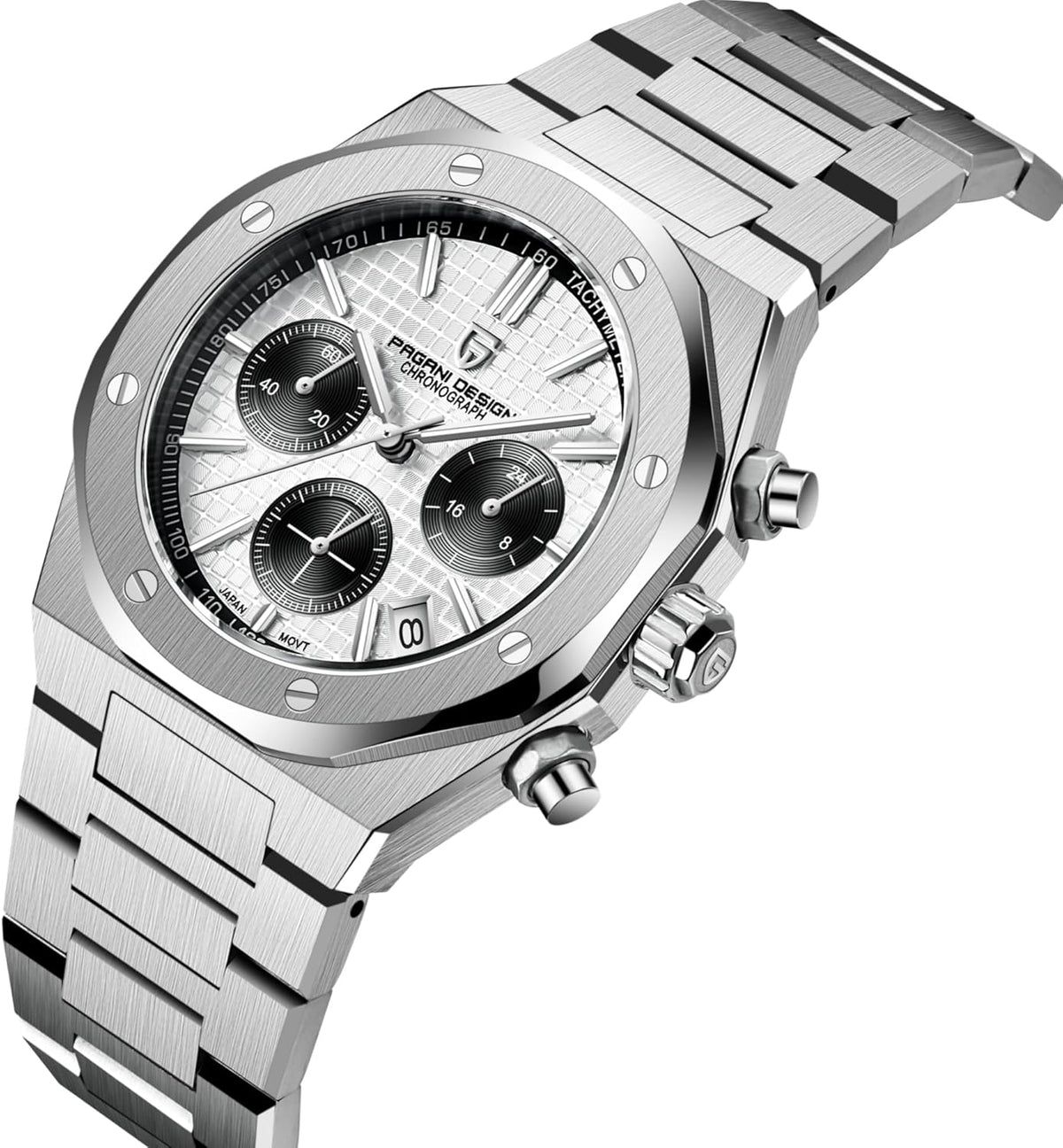 Pagani Design horloges voor heren, Japans kwarts VK63, roestvrijstalen chronograaf polshorloge, saffierspiegel, 200 m waterdicht, 1707, Wit