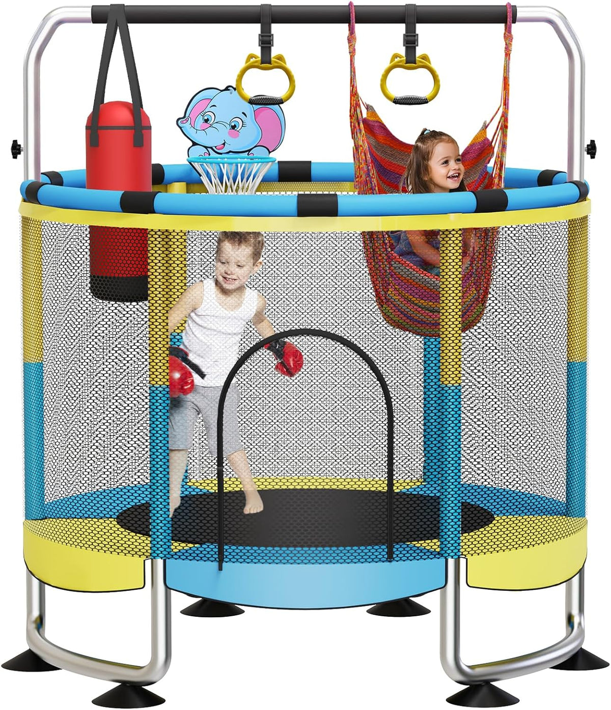 Trampoline voor kinderen, 150 cm, voor binnen en buiten, 200 kg, verstelbaar, met basketbalmand en behuizing, cadeaus voor jongens en meisjes, groen/blauw