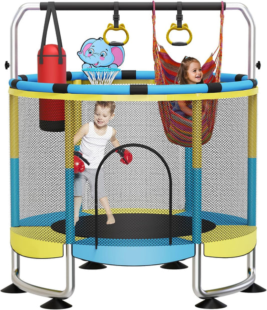 Trampoline voor kinderen, 150 cm, voor binnen en buiten, 200 kg, verstelbaar, met basketbalmand en behuizing, cadeaus voor jongens en meisjes, groen/blauw