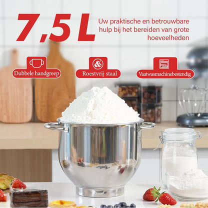 Kitchen in the box Keukenmachine,7,5 L Staande Mixer 1400W – Deegmixer met Planetaire Mengtechniek, Menghaak, Deeghaak, Garde (Rood)