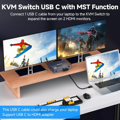 4K KVM Switch 2 Monitoren für 1 Laptop 1 Desktop, KUSB 3.0 KVM Switch 2 PC 2 Monitoren USB C, 4K@60Hz, MST, PD 100W, Aluminium, met Bedrade Afstandsbediening
