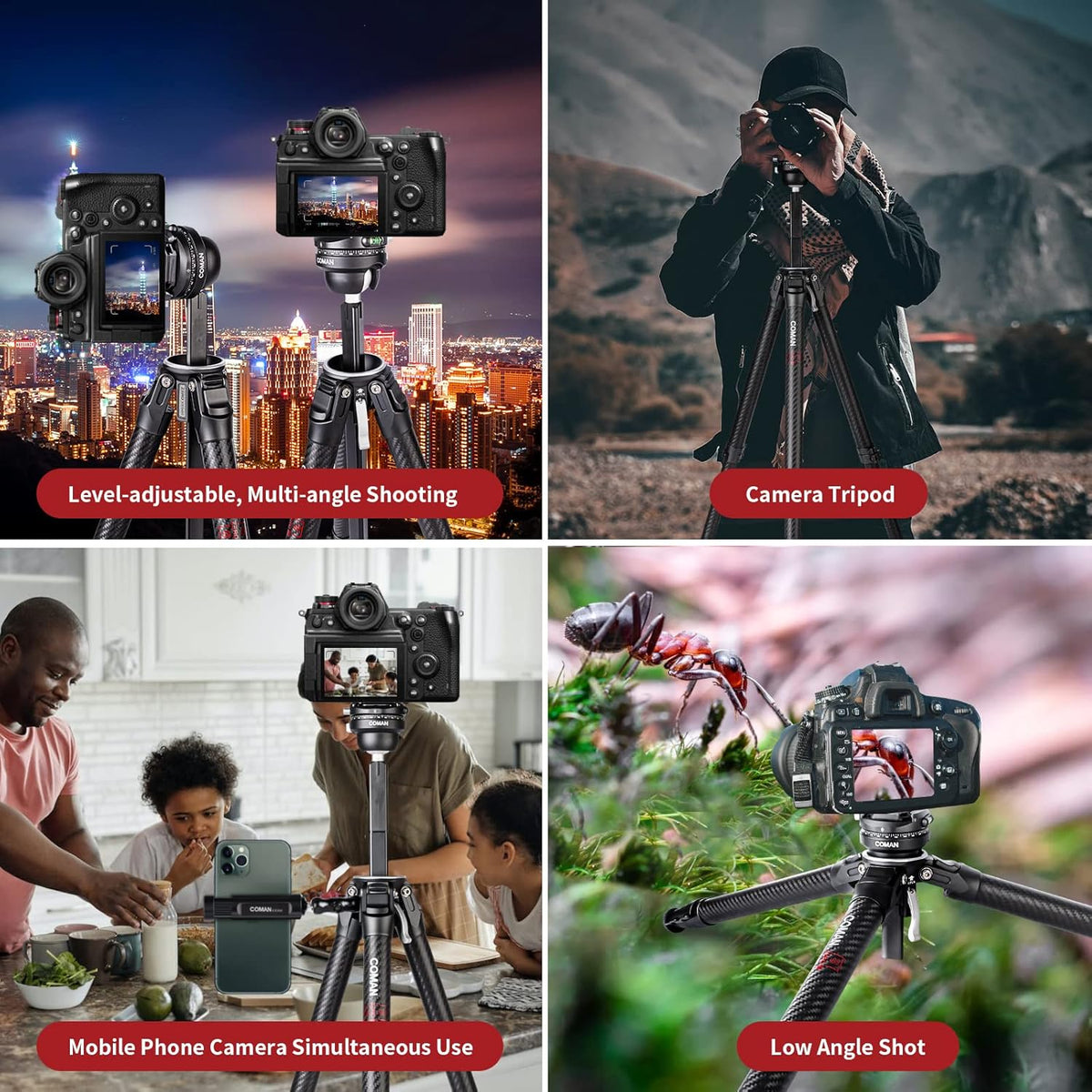 COMAN Zero F38 koolstofvezel statief met 360° panoramische kogelkop en F38 videostatief voor DSLR-camera's, lichtgewicht met hoogte