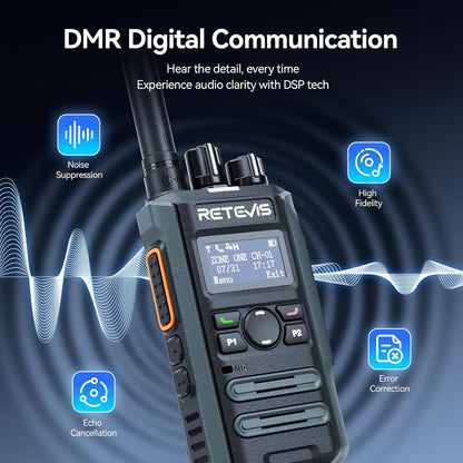 Retevis MateTalk P3 DMR Portofoon met Oordopjes, Snelladen, Portofoons met Groot Bereik, SMS, Groepsgesprekken, LCD-Scherm, Commerciële Digitale Portofoons voor Scholen (4 verpakkingen)