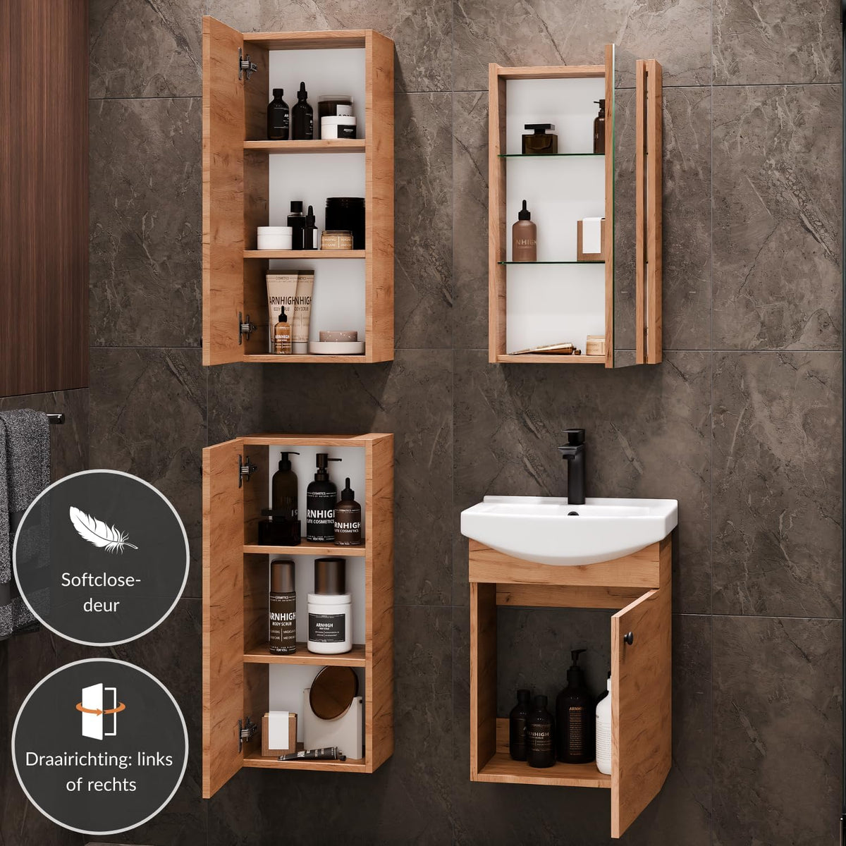 Planetmöbel bathroom cabinet set Washbasin with vanity unit 45 x 60 x 33 cm with mirror cabinet 40 cm, 2X midi cabinets for bathroom & guest toilet, gold oak - QUORE