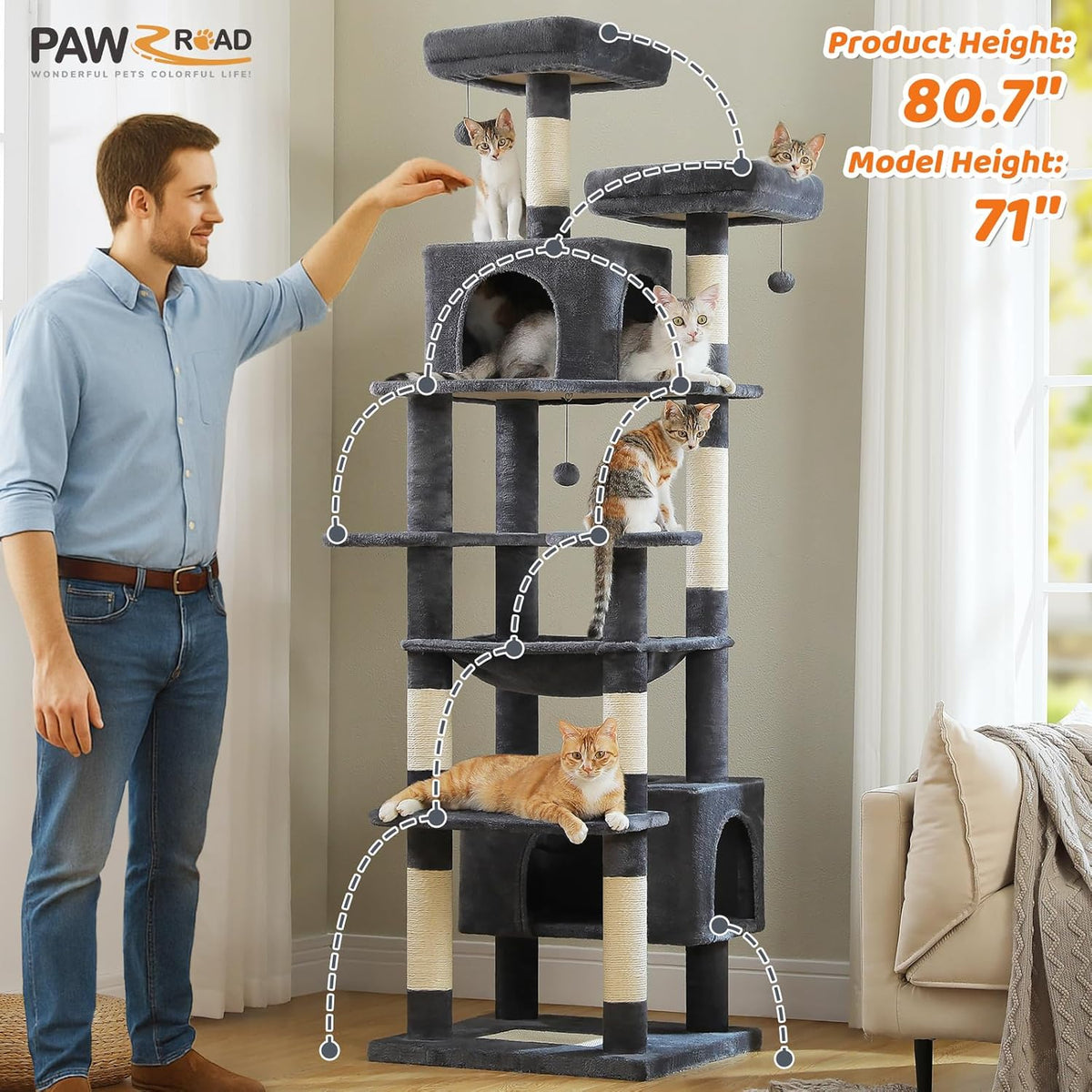 PAWZ Road Scratching Post for Large Cats, Stable 205 cm Scratching Post for Large Cats with Hammock, 7 Sisal Posts, Large Sitting Pole, Caves, Baskets, High Scratching Post for Indoor Cats, Dark Grey - QUORE