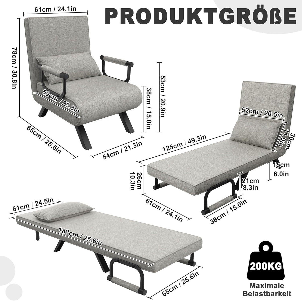 3-In-1 Slaapstoel – Slaapbank – Relaxfauteuil – Oprolbed – Uitklapbare Stoel – Lichtgrijs – Verstelbare Rugleuning 5-Standen – Stevig Metalen Frame Met Linnen Bekleding