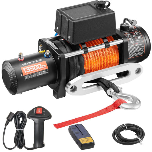 VEVOR 12 V kabellier, 6123 kg, motorlier, 12 V DC, elektrische lier met diameter 1 x 2438,4 cm, synthetische kabel, aluminium kabelgeleiding, draadloze/bekabelde afstandsbediening, IP55, voor het
