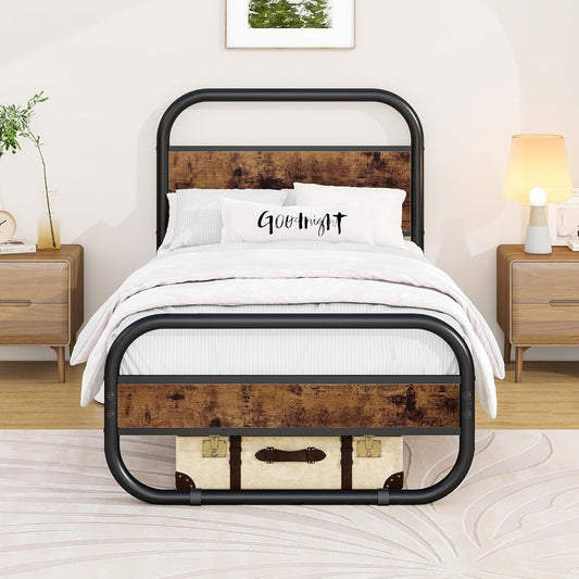 HOMERECOMMEND 3ft eenpersoons bedframe met hoofdeinde, ovaalvormig platformbed met opbergruimte onder het bed, stalen latten matrasbodem met rond pijpontwerp, bruin